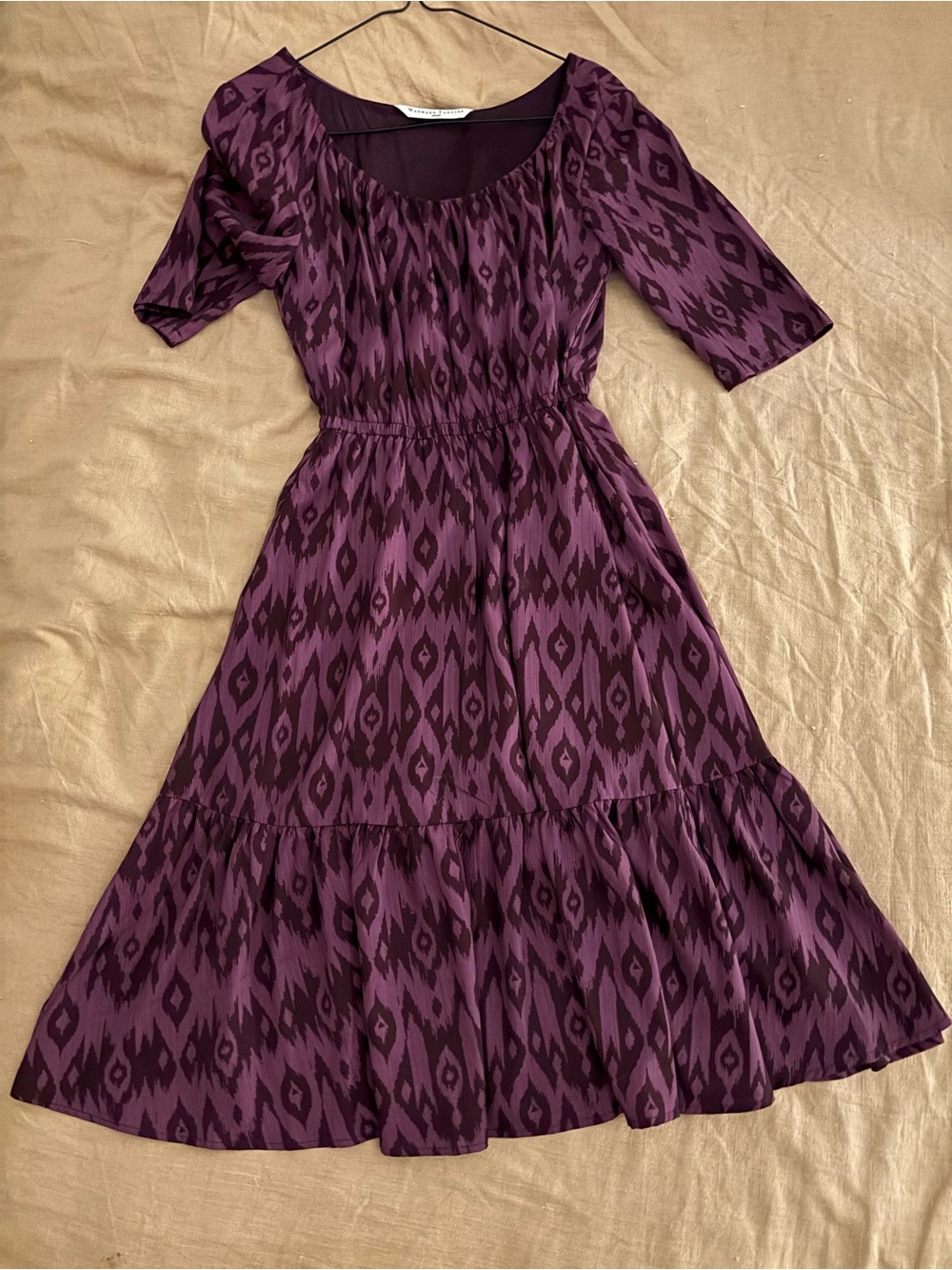 Elegant Plum Printed Midi Dress with Elastic Waist